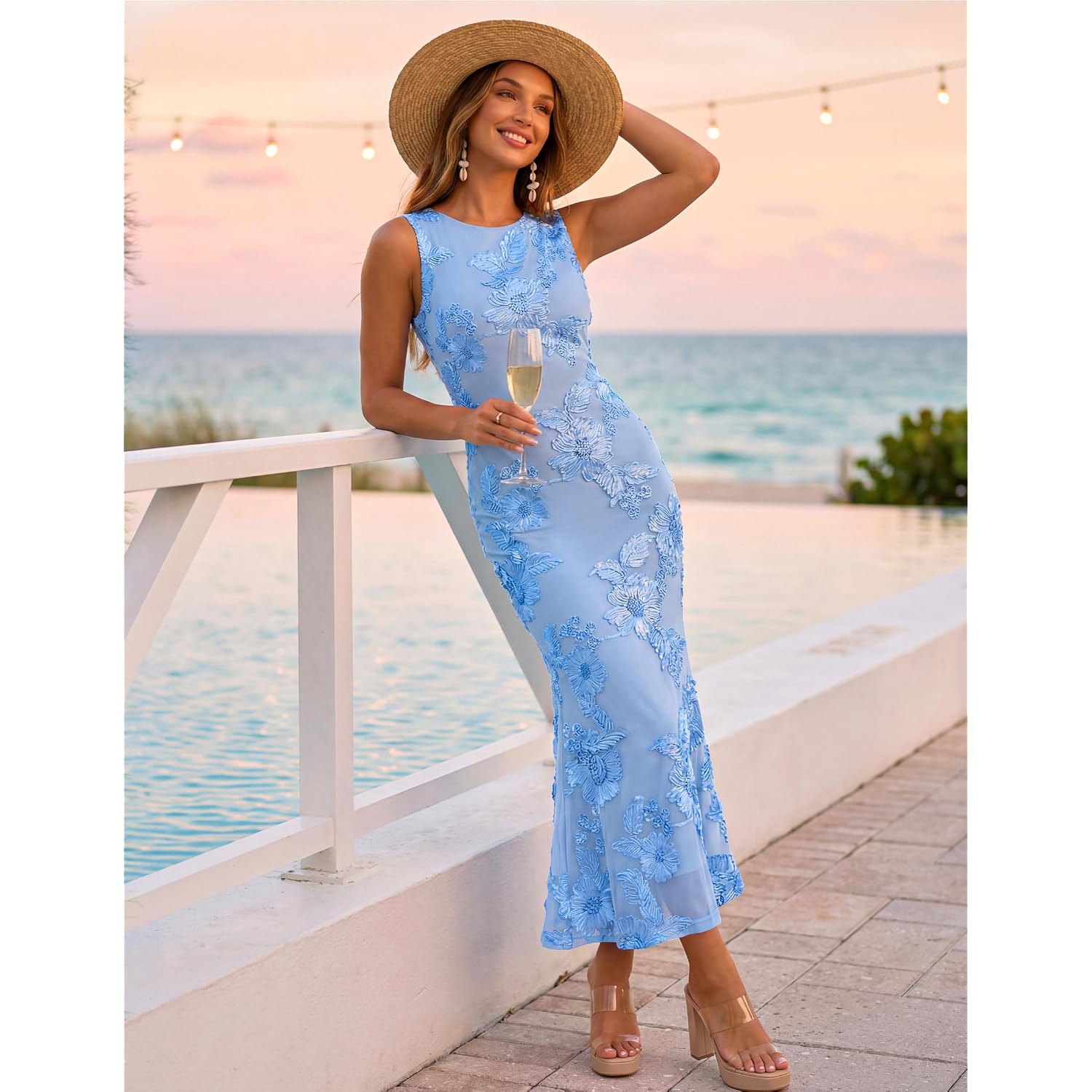 Zesica Womens 2026 Summer Floral Wedding Guest Midi Dress Sleeveless Mesh Slit Bodycon Formal Cocktail Party Dresses