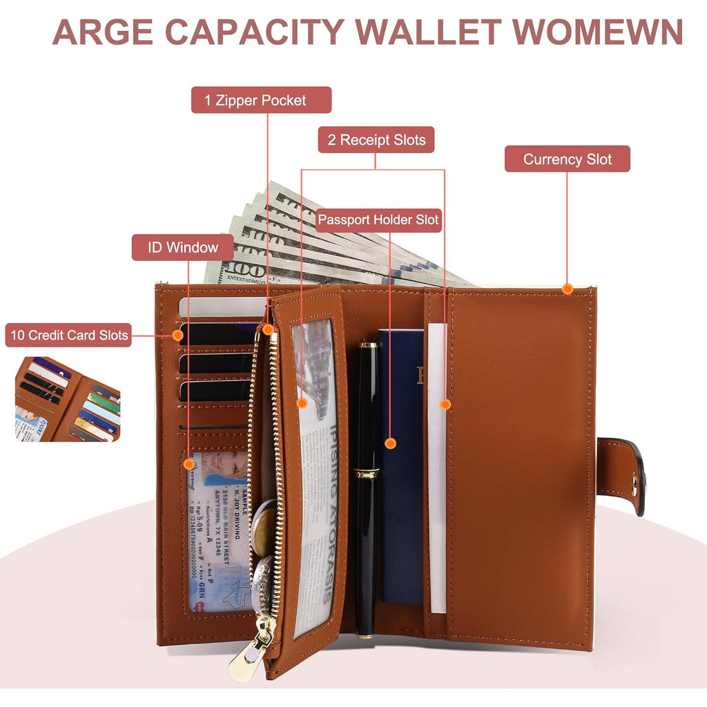 yiijay Women's Wallets RFID Blocking Leather Trifold Clutch Wallet Credit Card Holder Ladies Travel Wallet Purse with Pen Holder