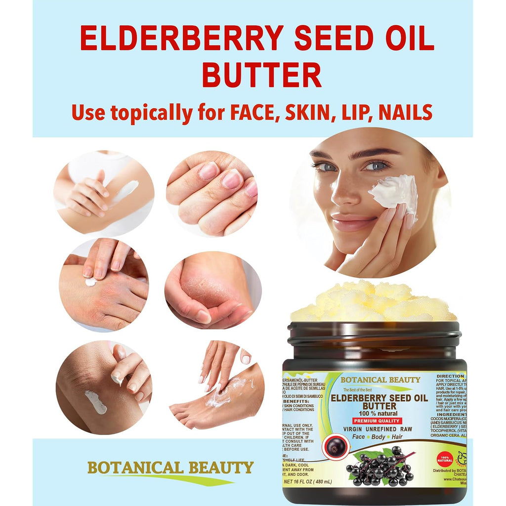 Botanical Beauty Elderberry Seed Oil Butter 100% Natural Pure Virgin Unrefined Raw For Face, Skin, Body, Hair, Nails, Dry Skin. Elderberry Oil, Coconut Butter, Vitamin E