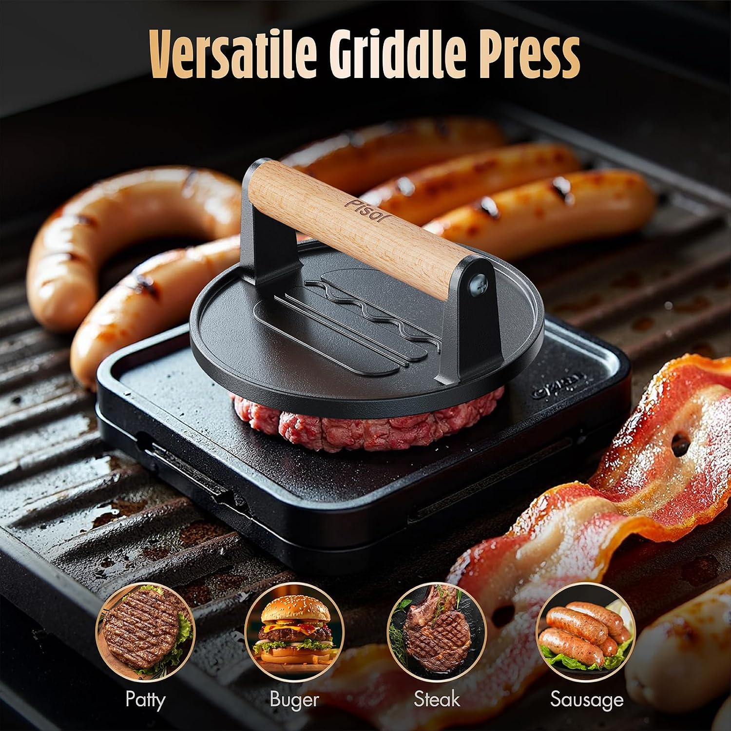 Smash Burger Press, Pre-Seasoned Cast Iron Hamburger Smasher, 2 Lb Heavy-Duty Grill Bacon Meat Press Tool With Wood Handle, 6.6”