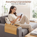 Bamboo Couch Arm Tray Table With Built-In Cup Holder, Foldable Anti-Slip Sofa Armrest Table For Drinks, Phone & Remote, Fits 4.7–16.9 In Armrests, Holds Cups Up To 3.5 In Diameter (Bamboo)