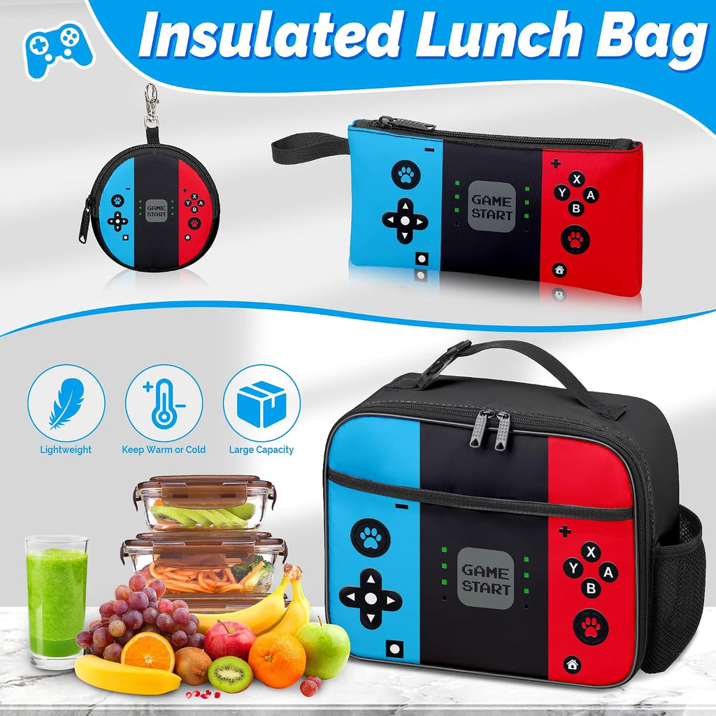 Gamer Backpack For Boys, 4Pcs Gaming Boys Backpack With Lunch Box And Pencil Case For Kids, Video Gamer School Bags