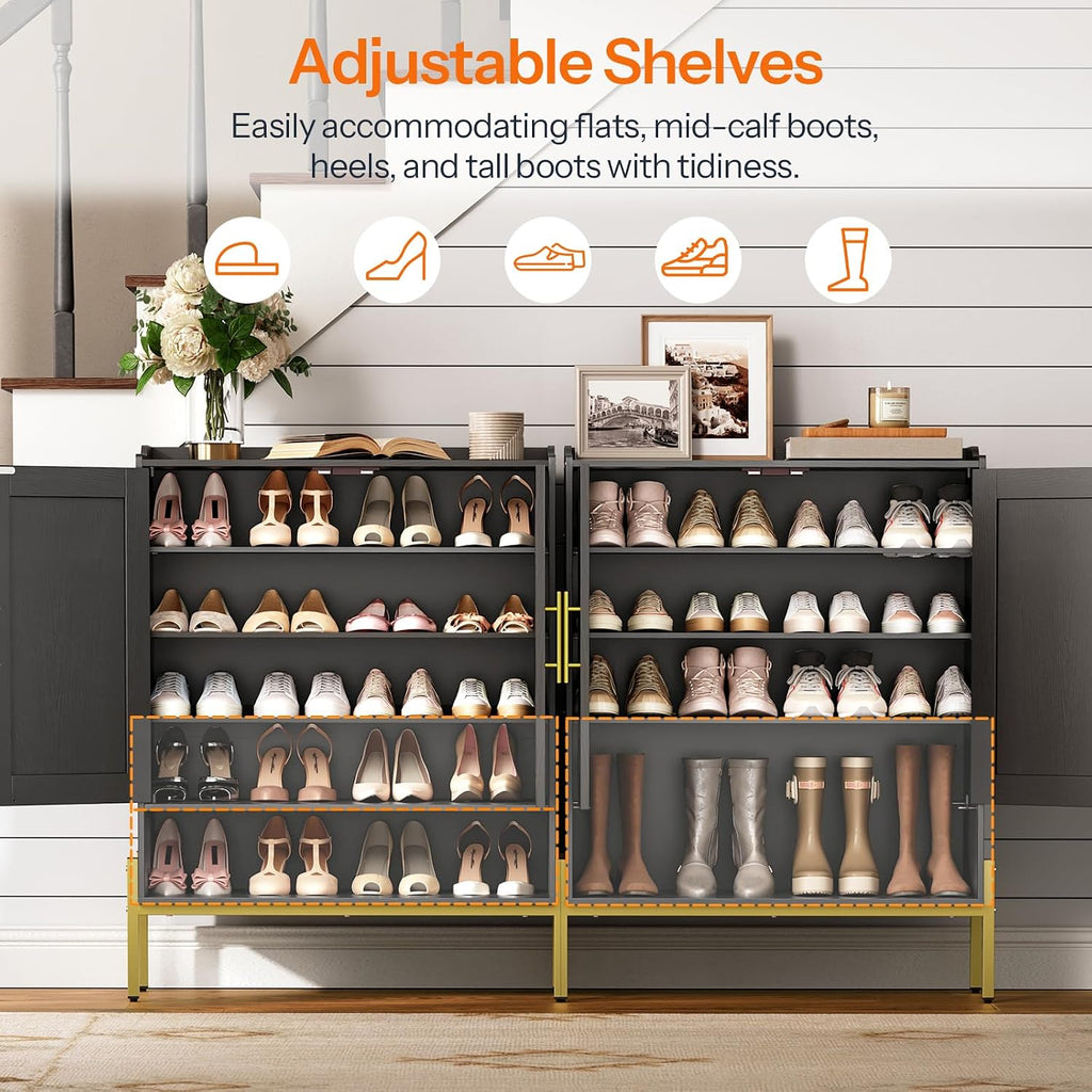Hoobro Shoe Cabinet, 5-Tier Shoe Storage Organizer With Doors, Wooden Shoe Cabinet Storage For Entryway, Freestanding Shoe Rack Cabinet With 3 Adjustable Shelves For Hallway, Gold And Black Db41Sc01