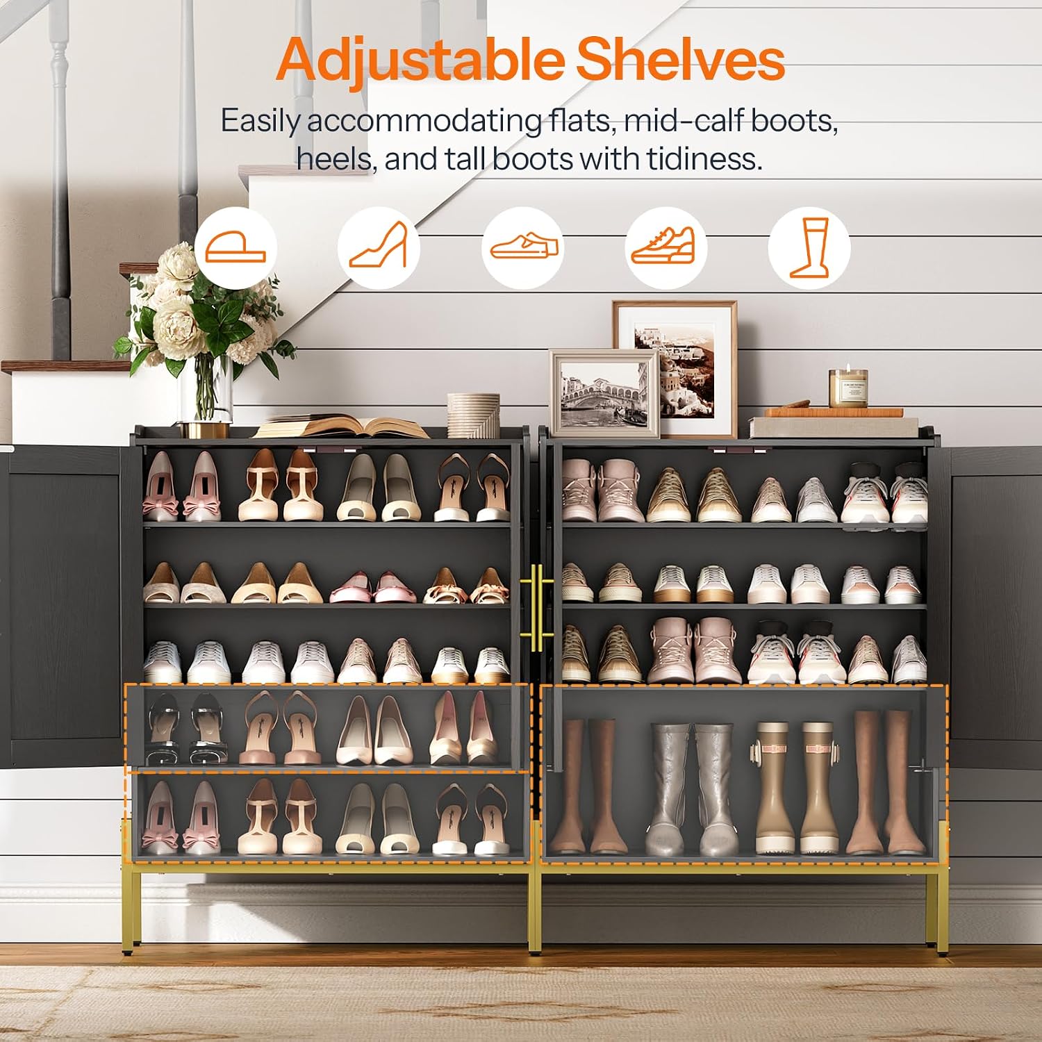 Hoobro Shoe Cabinet, 5-Tier Shoe Storage Organizer With Doors, Wooden Shoe Cabinet Storage For Entryway, Freestanding Shoe Rack Cabinet With 3 Adjustable Shelves For Hallway, Gold And Black Db41Sc01