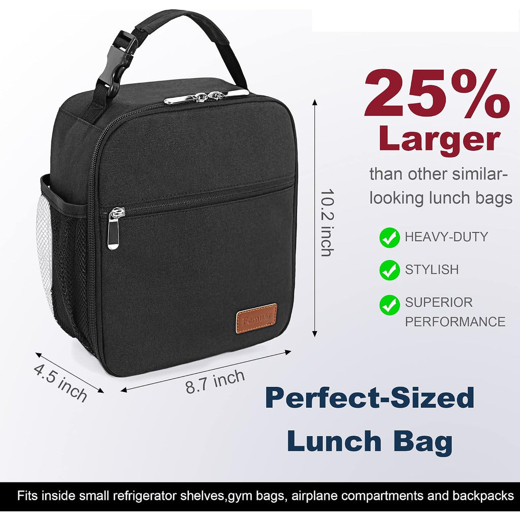 Lunch Bag For Men Women Adults Small For Office Work Picnic - Reusable Portable Lunchbag, Black