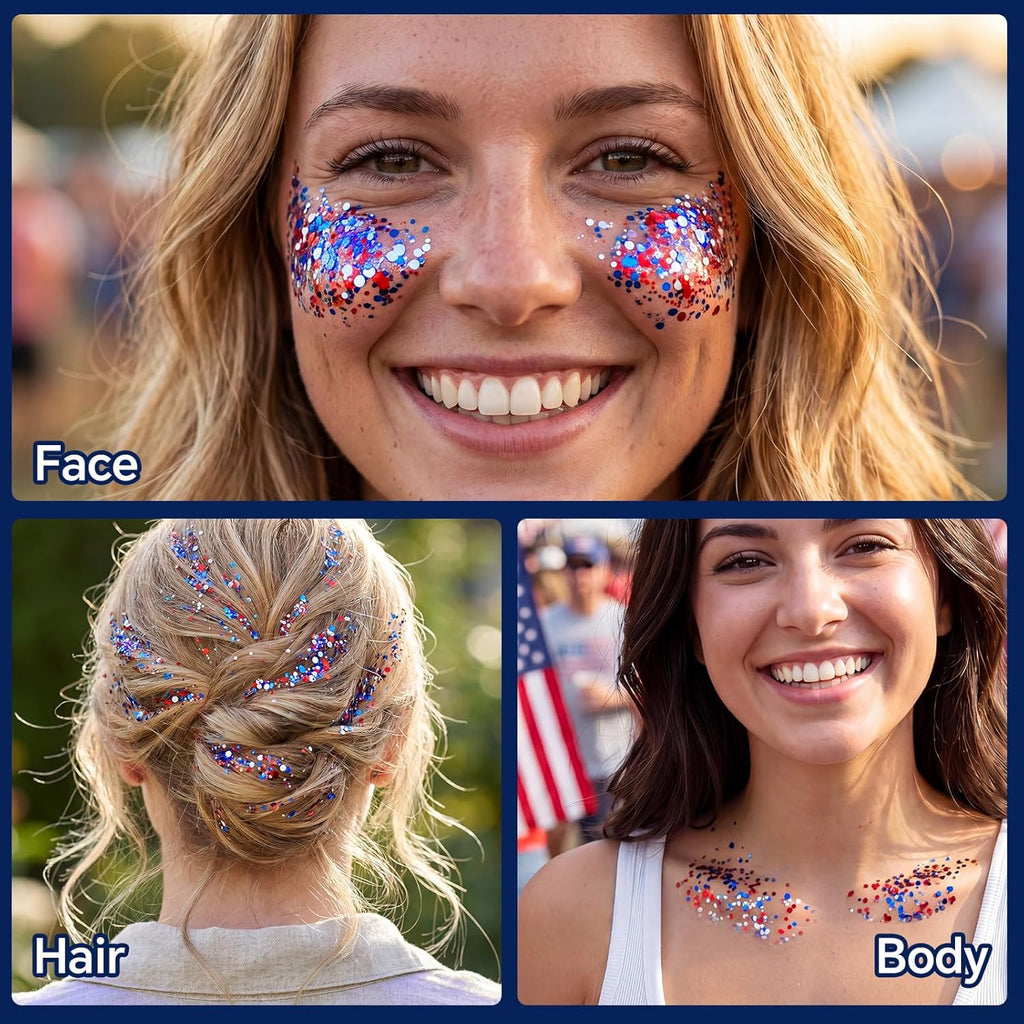 2PCS Red White and Blue Face Body Glitter Stick, 4th of July Accessories for Women, Sparkle Patriotic Pride Chunky 4th of July Hair Glitter Makeup for Independence Day Memorial Day Veterans Day