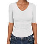 Anrabess Womens Half Sleeve Tops V Neck Ribbed Knit Slim Fit Basic T Shirts 2026 Summer Casual Tees Spring Trendy Clothes