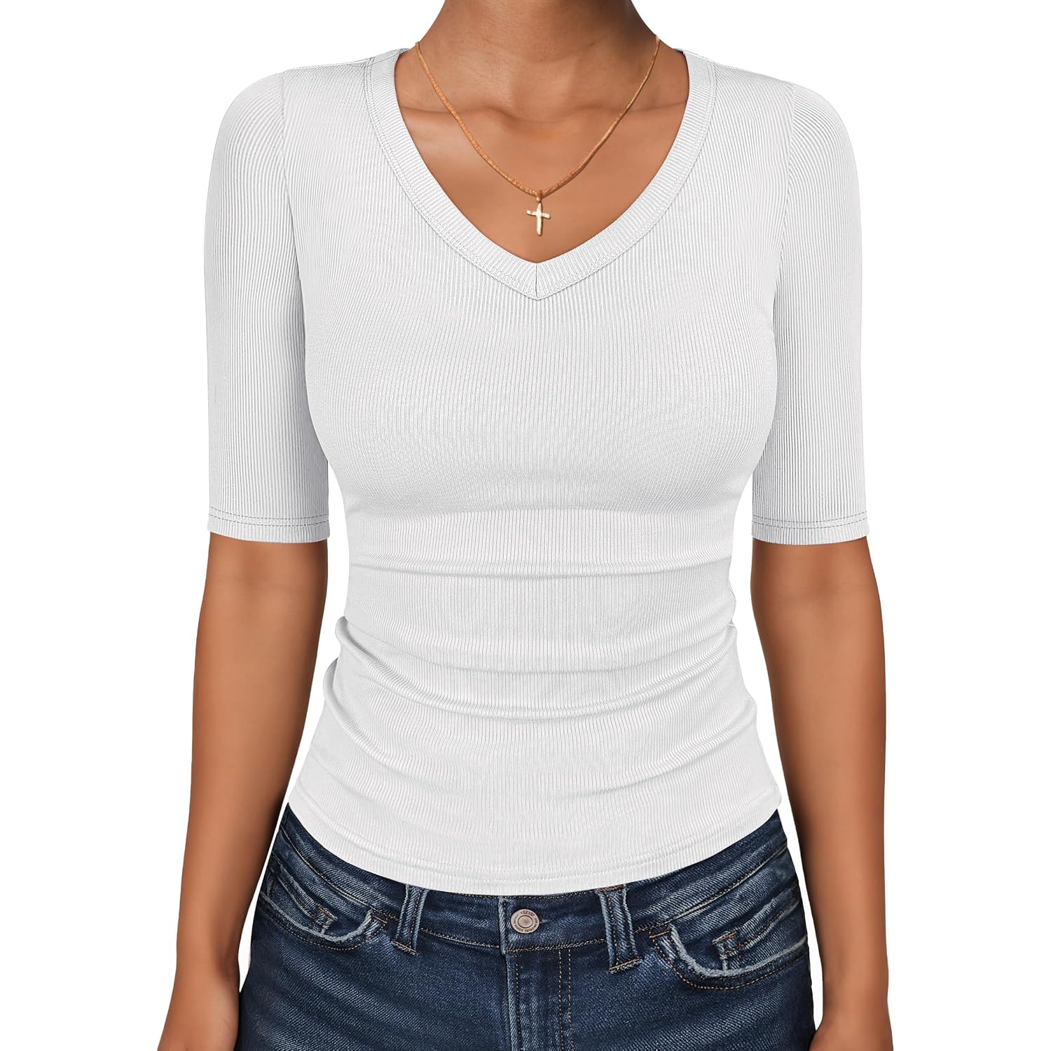 Anrabess Womens Half Sleeve Tops V Neck Ribbed Knit Slim Fit Basic T Shirts 2026 Summer Casual Tees Spring Trendy Clothes