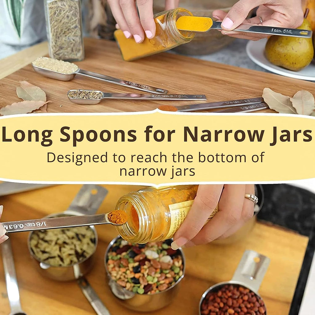 Simply Gourmet Measuring Cups & Spoons Set Of 12, 18/08 Stainless Steel Kitchen Gadgets, Stackable Design With Long Handle Spoons, Fits In Spice Jars, Cooking & Baking Set For Dry & Liquid