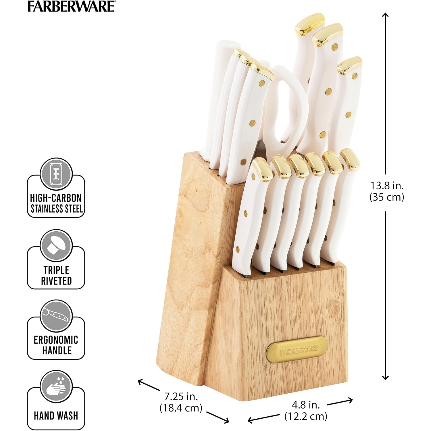 Farberware 15-Piece Knife Block Set, Triple-Riveted High-Carbon Stainless Steel Kitchen Knives, Razor Sharp Blades, Wood Storage Block, White/Gold