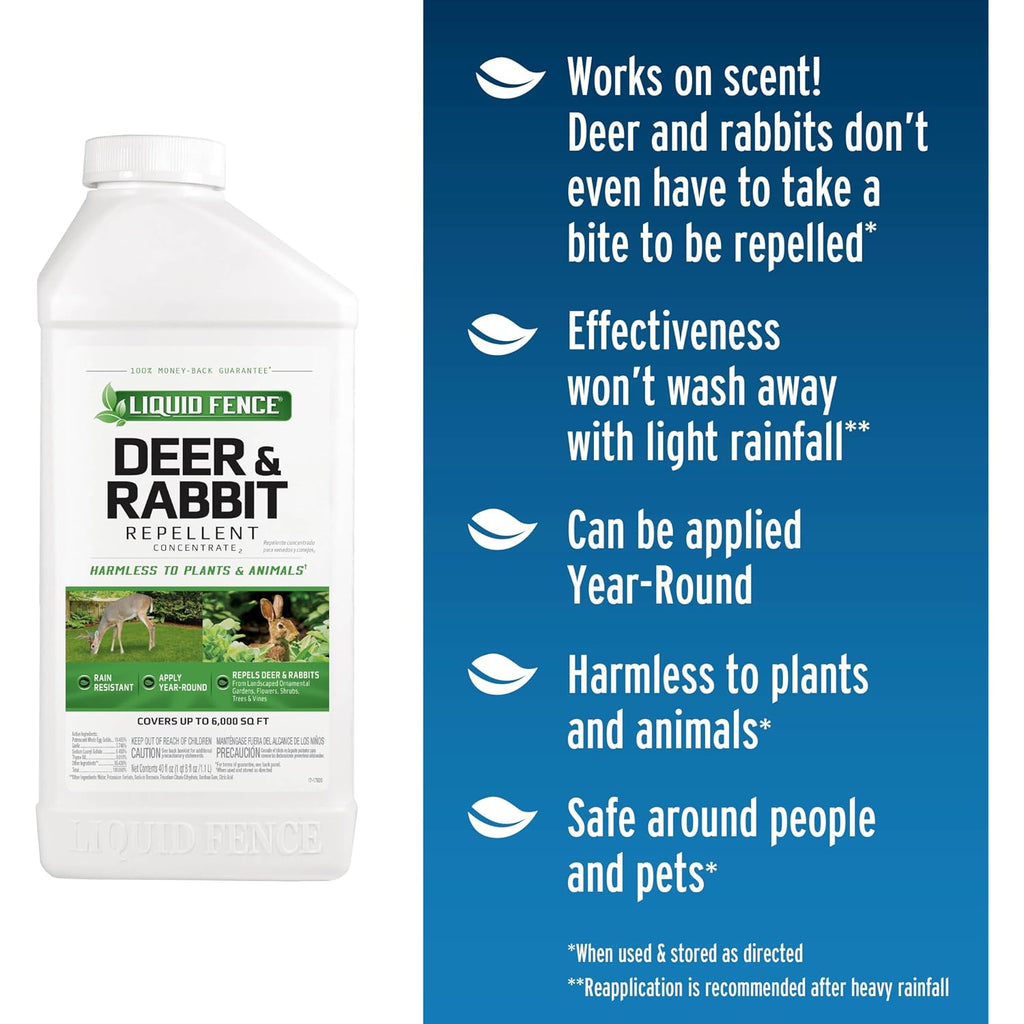 Liquid Fence Deer And Rabbit Repellent Concentrate 40 Ounces, Apply Year-Round