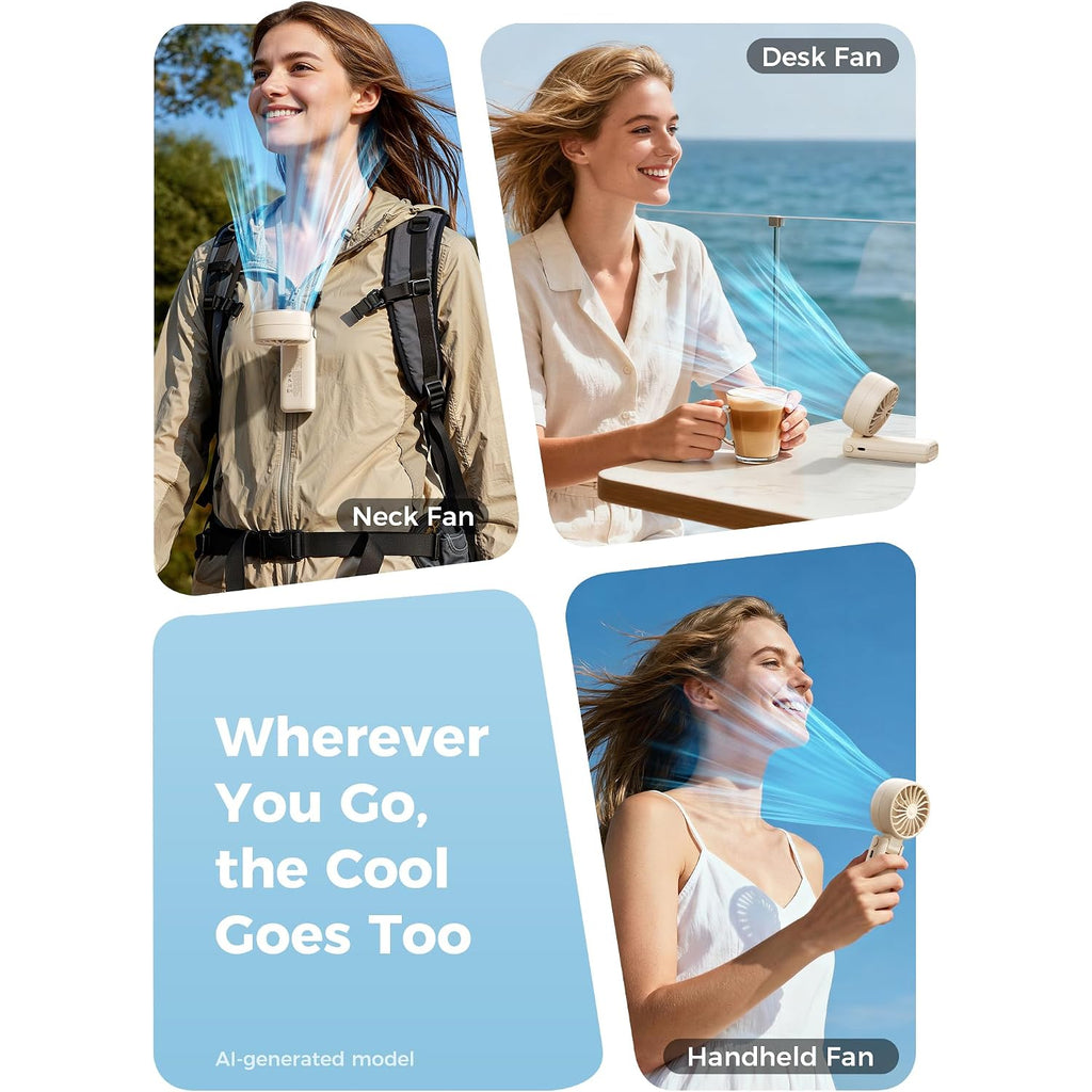 Aecooly Mighty Portable Handheld Fan | 20H Max Cooling Time | 3 Flexible Modes | 5 Speeds Wind | Battery Level Display | Mini Usb Rechargeable Personal Battery Powered Fan Travel Gifts For Women-Beige