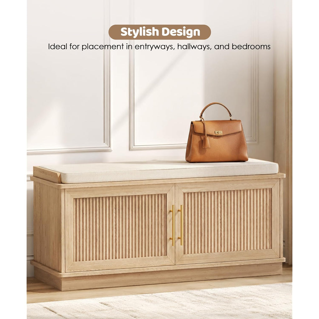 39.4" Fluted Shoe Storage Bench 2 Doors Wooden Entryway Bench Oak | 2 Tier Shoe Bench With Padded Cushion, Adjustable Shelves And 2 Doors, Curved Profile, For Hallway, Living Room, Bedroom