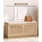 39.4" Fluted Shoe Storage Bench 2 Doors Wooden Entryway Bench Oak | 2 Tier Shoe Bench With Padded Cushion, Adjustable Shelves And 2 Doors, Curved Profile, For Hallway, Living Room, Bedroom