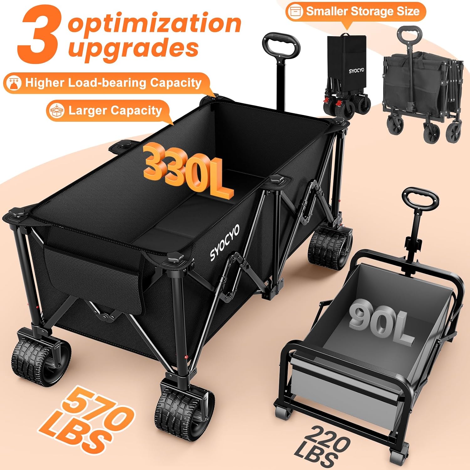 Beach Wagon Carts Foldable 570Lbs Collapsible Wagon With Big All-Terrain Wheels For Sand 330L Heavy Duty Utility Carts With Cup Holders For Garden, Camping, Grocery, Black