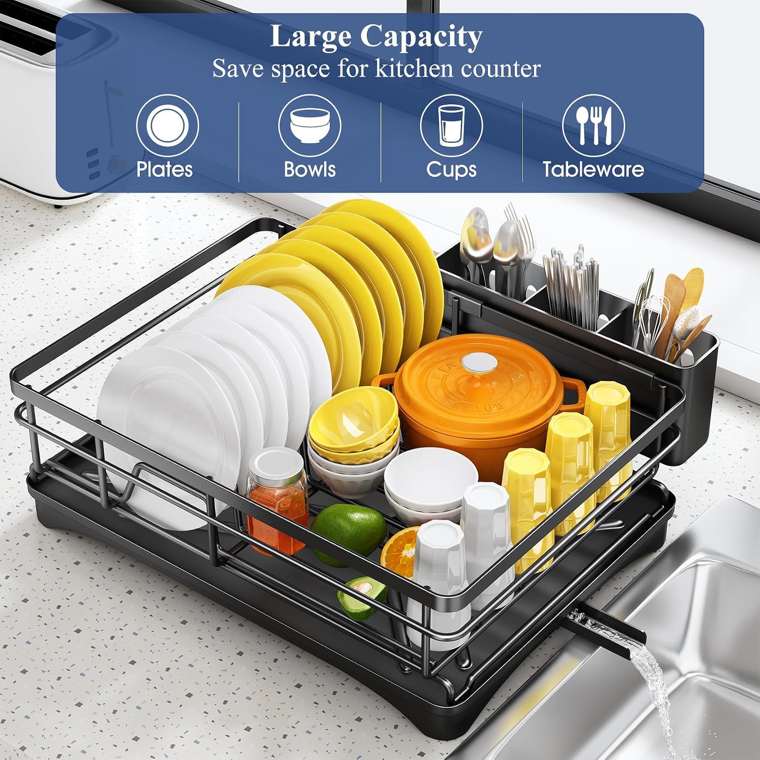 Sntd Dish Drying Rack For Kitchen Counter - Large Dish Rack With Drainboard, Rustproof Dish Drainer With Utensil Holder For Sink, Black