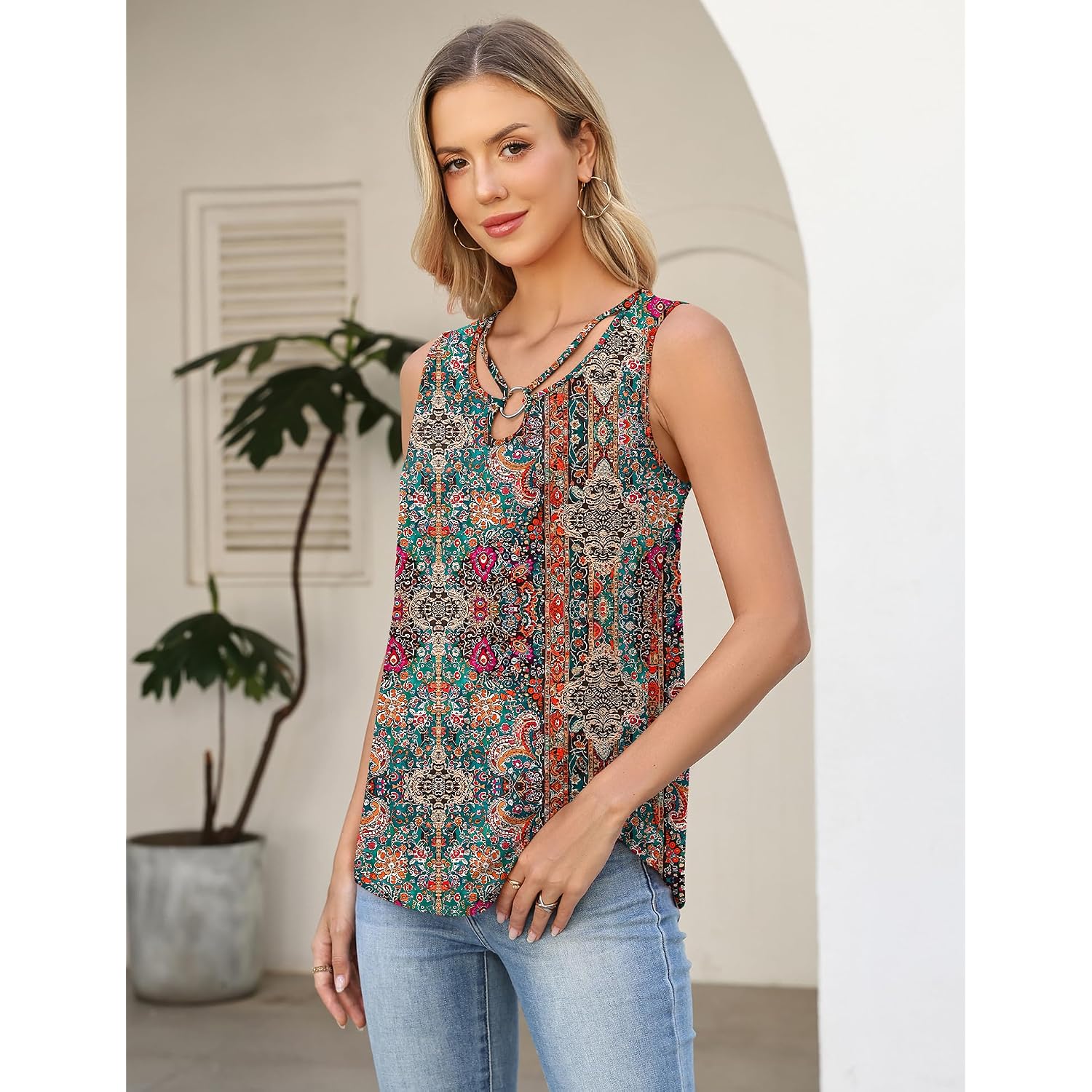 Lomon Womens Summer Tank Tops Sleeveless Shirts V Neck Casual Tee Cut Out Ring Keyhole Tanks Camisole Blouse