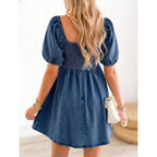 Denim Dress Babydoll Jean Square Neck Puff Sleeve Casual Country Concert Dresses With Pockets For Women 2026