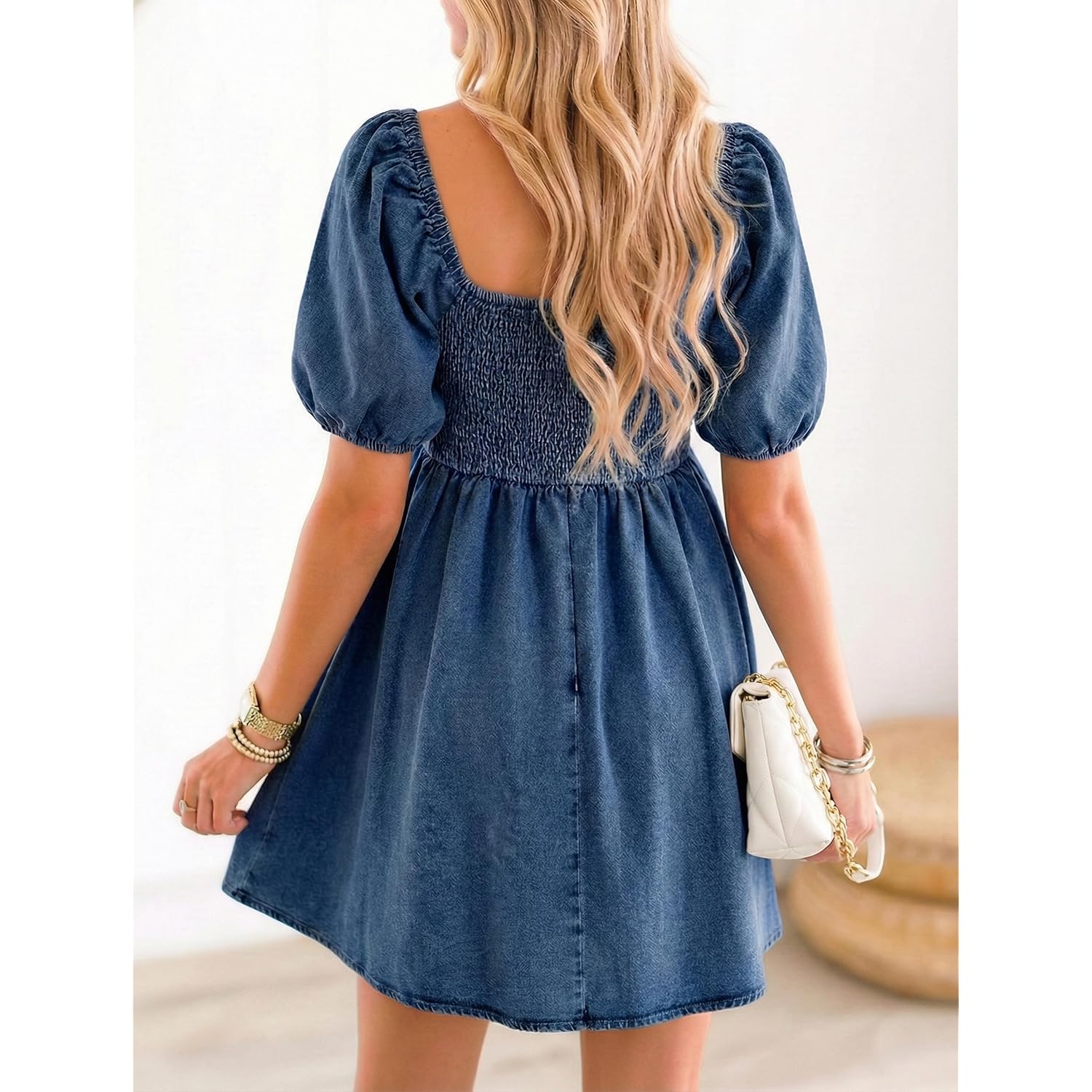 Denim Dress Babydoll Jean Square Neck Puff Sleeve Casual Country Concert Dresses With Pockets For Women 2026