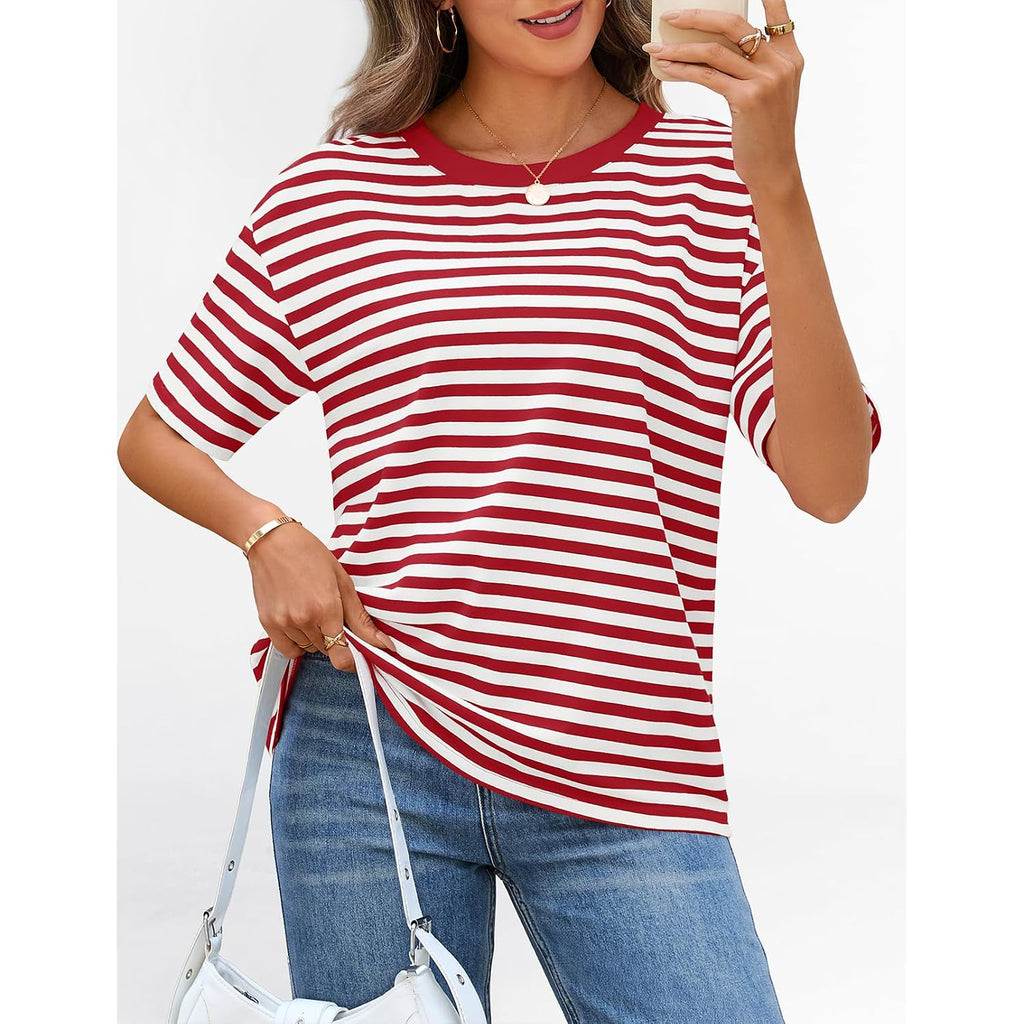 Merokeety Women'S 2026 Summer Short Sleeve Tops Casual Colourful Striped Crewneck Loose Work T Shirts Blouses