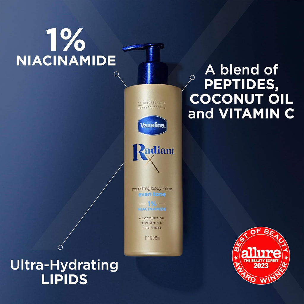 Vaseline Radiant X Even Tone Nourishing Body Lotion With 1% Niacinamide, Coconut Oil, Vitamin C, & Peptides 11 Oz