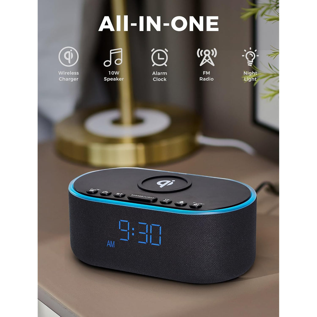 Odokee Wireless Charging Alarm Clock Radio: Qi Certified Fast Wireless Charger For Iphone Samsung - 10W Stereo Bluetooth Speaker - Dimmable Digital Clock With Fm Radio For Bedroom Black