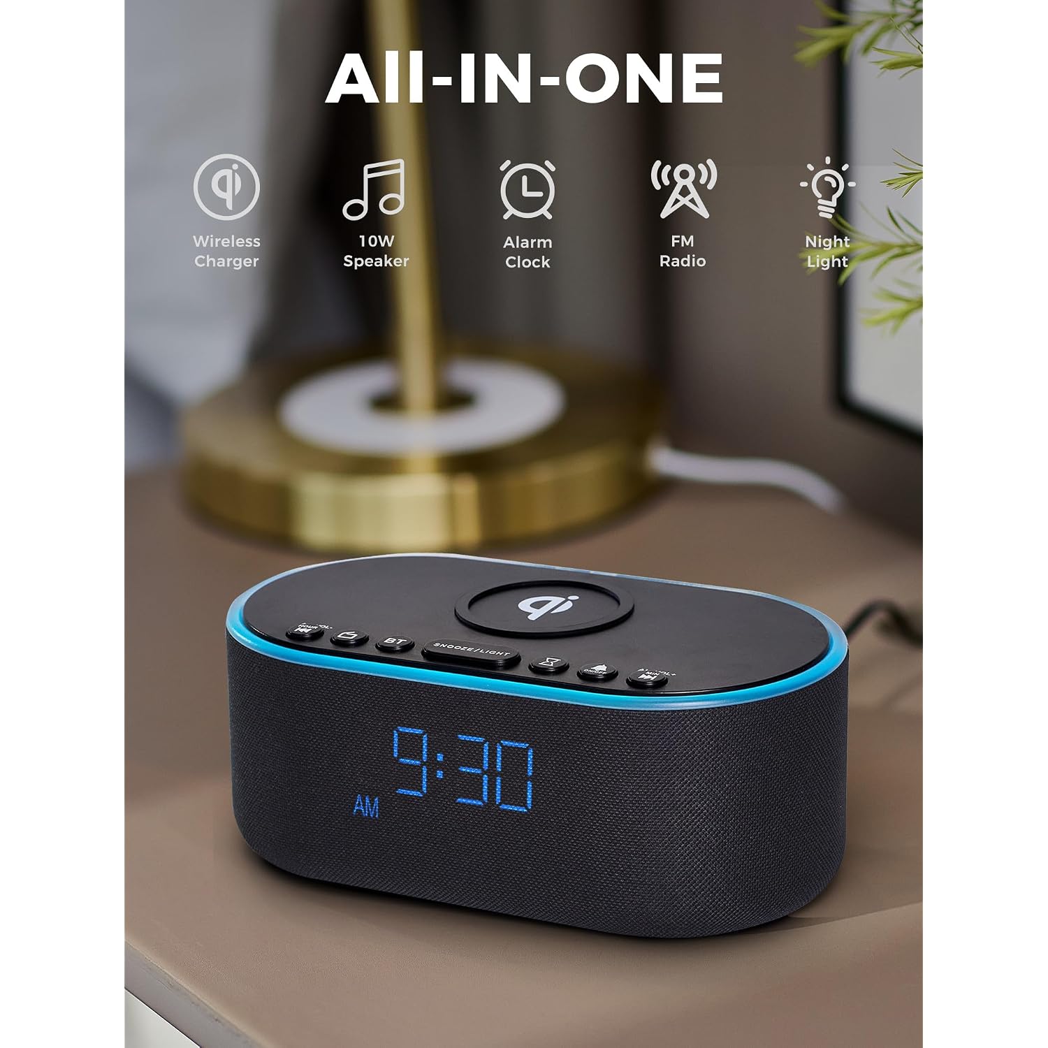 Odokee Wireless Charging Alarm Clock Radio: Qi Certified Fast Wireless Charger For Iphone Samsung - 10W Stereo Bluetooth Speaker - Dimmable Digital Clock With Fm Radio For Bedroom Black
