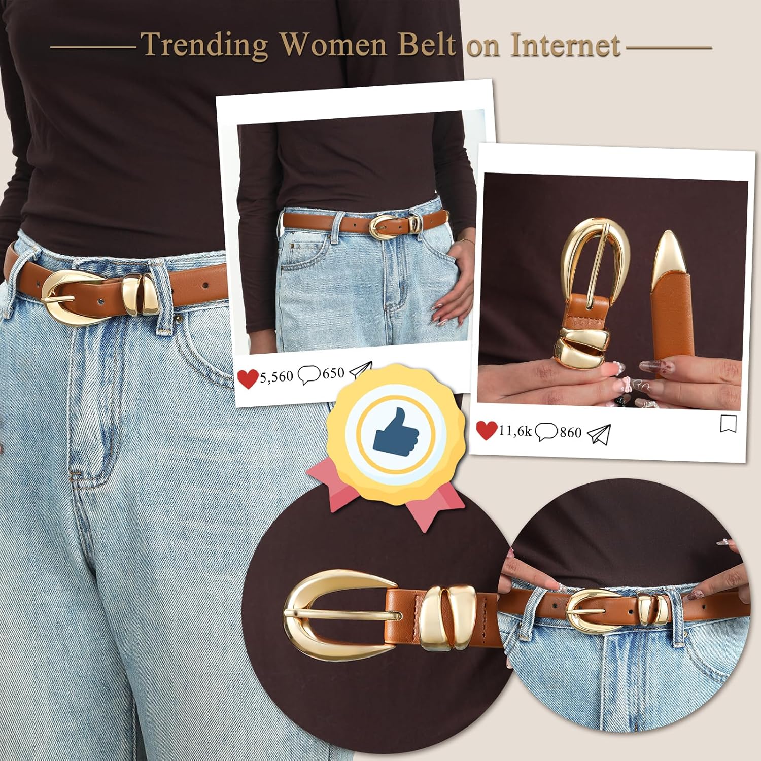 Belts for Women with Gold Buckle – Adjustable Black leather Belt for Jeans, Dress, Pants
