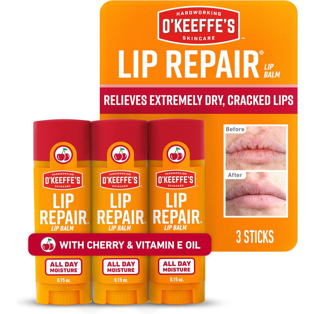 O'Keeffe'S Lip Repair Lip Balm With Cherry & Vitamin E Oil - Stick (3 Pack) - Moisturizer For Extremely Cracked, Dry Lips