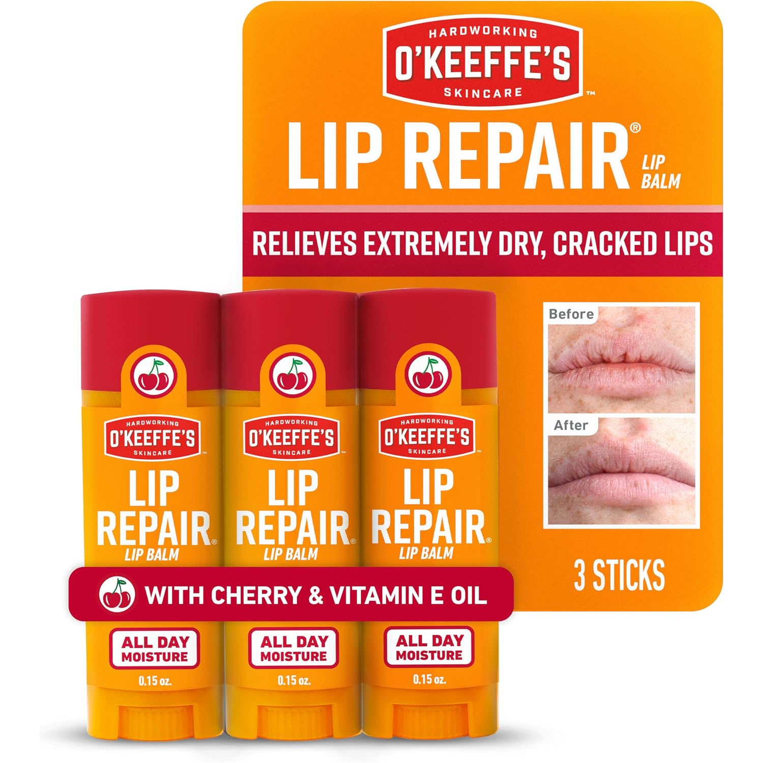 O'Keeffe'S Lip Repair Lip Balm With Cherry & Vitamin E Oil - Stick (3 Pack) - Moisturizer For Extremely Cracked, Dry Lips