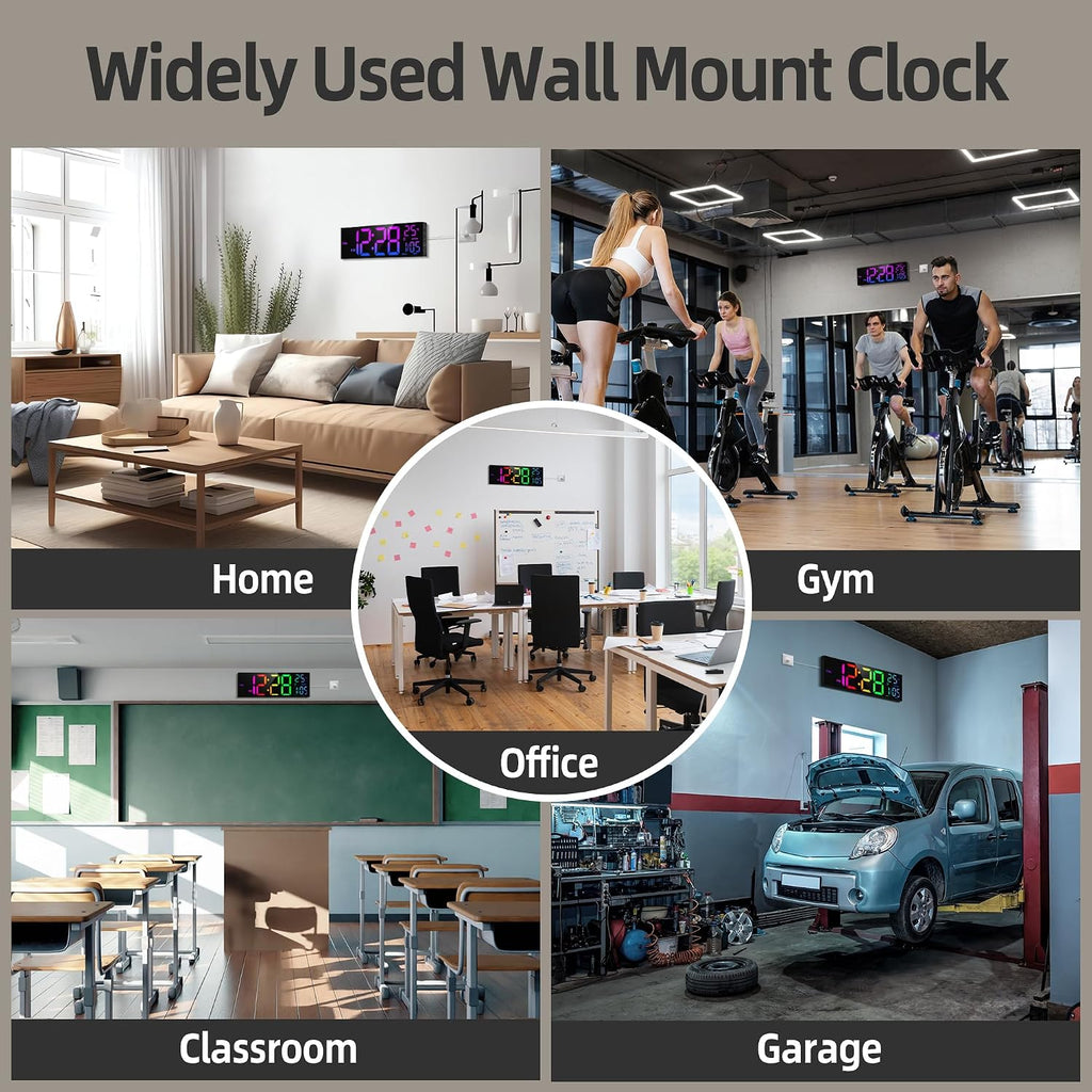 Haitang 8 Colors Digital Wall Clock, 16.2" Large Digital Clock With Temperature, Date, Auto Dst, Night Light, Auto Brightness Dimmer, 24/12-Hour Wall Clock For Living Room Office Classroom Gym