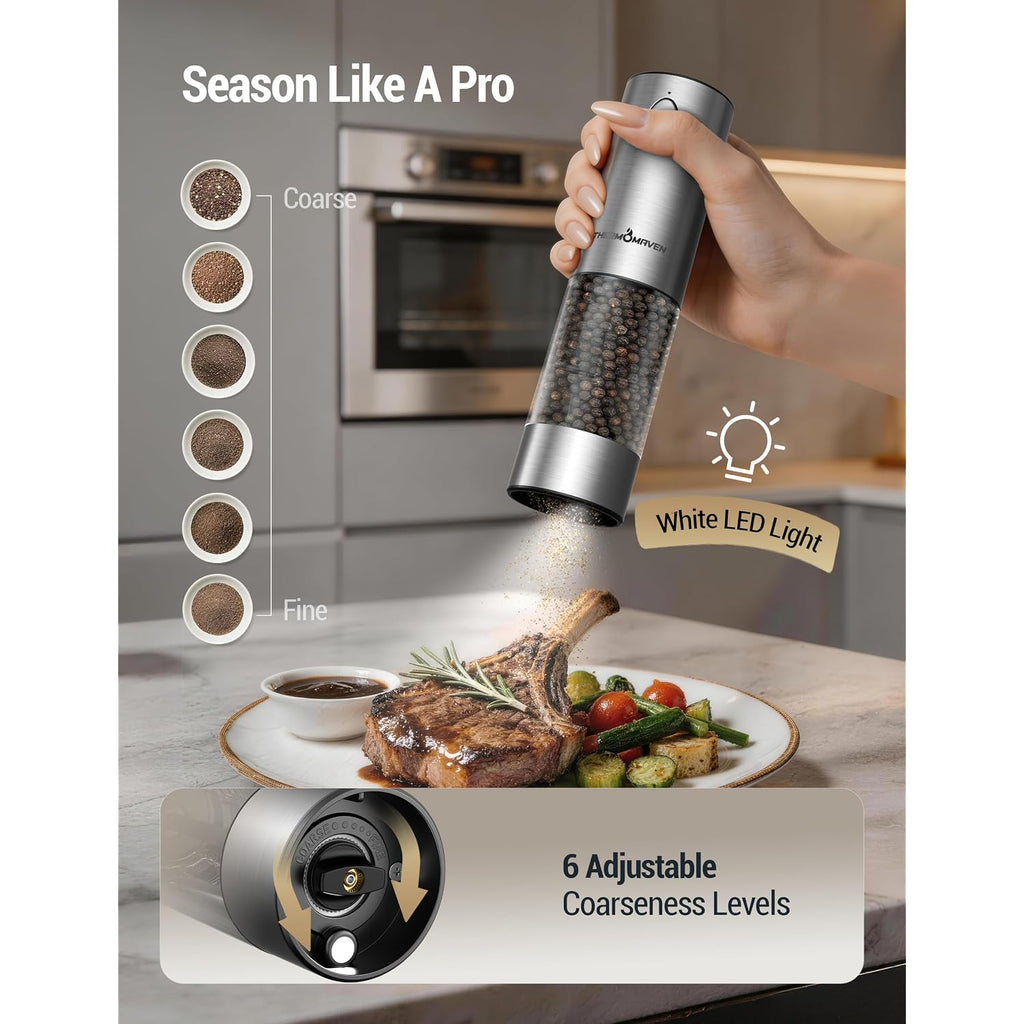 Thermomaven Upgraded Larger Capacity Electric Salt And Pepper Grinder Set, 110Ml Rechargeable Salt And Pepper Shaker With Led Light, Stainless Steel Automatic Pepper Mill With 6 Adjustable Coarseness