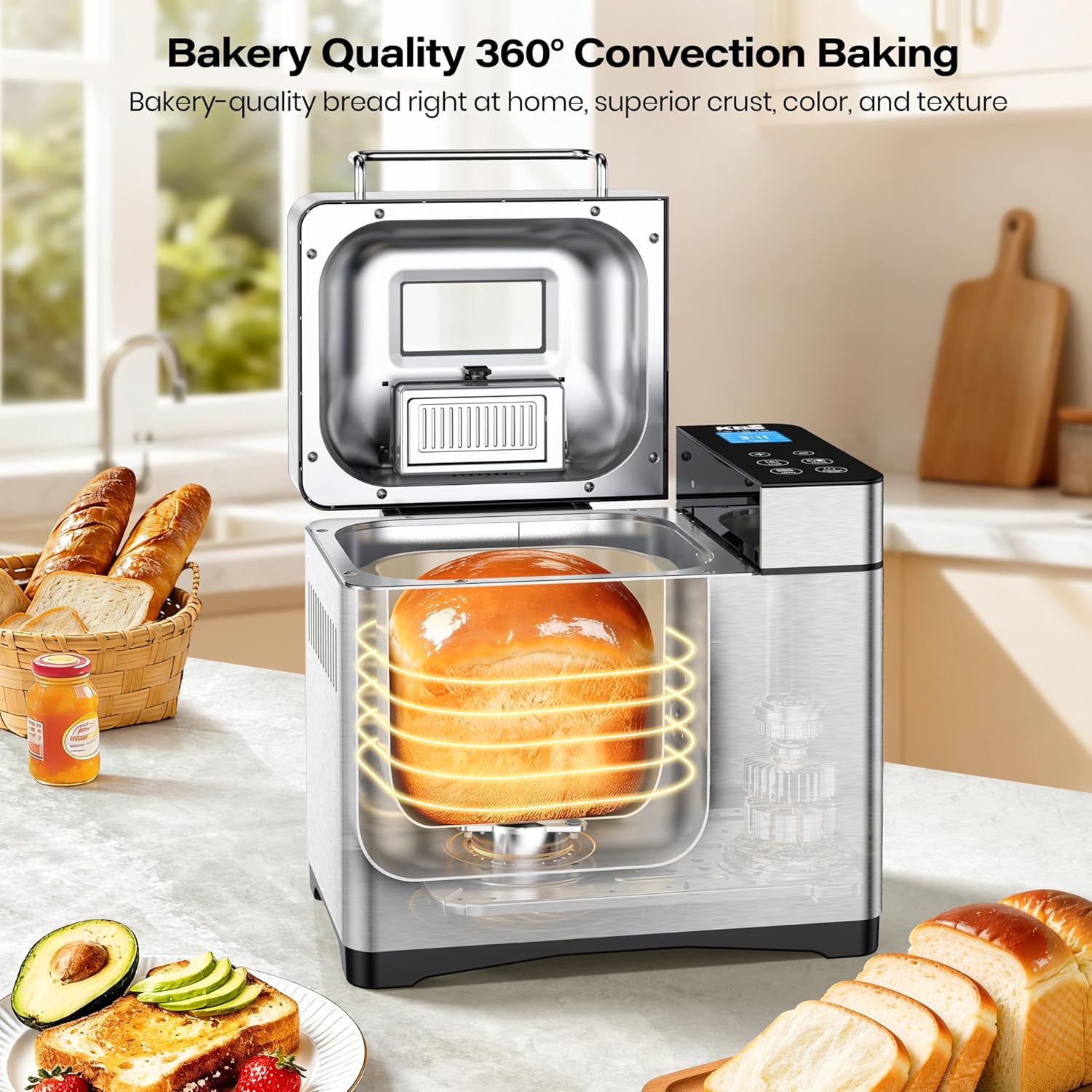 KBS Pro 710W 2LB Bread Maker, Stainless Steel 17-in-1 Smart Bread Machine with Healthy Ceramic Pan, Automatic Nut Dispenser, Tempered Glass Touch Panel, 3 Crust Colors, 15H Timer& Keep-Warm, Recipes