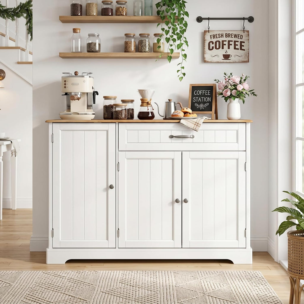 Gizoon Kitchen Coffee Bar Cabinet With Storage Kitchen Sideboard Buffet Cabinet With Drawers, Short Pantry With Door And Shelves For Bathroom And Living Room, White And Rustic