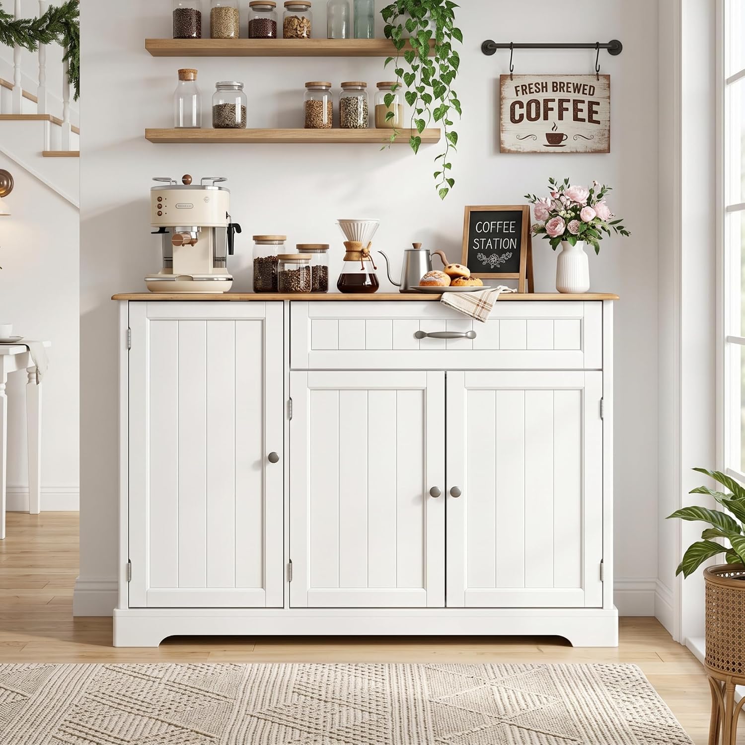 Gizoon Kitchen Coffee Bar Cabinet With Storage Kitchen Sideboard Buffet Cabinet With Drawers, Short Pantry With Door And Shelves For Bathroom And Living Room, White And Rustic