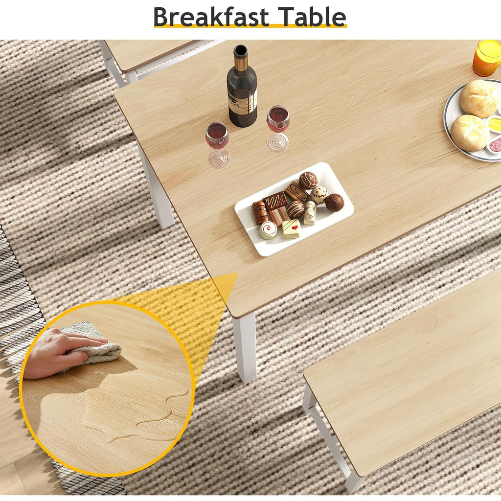 Rovibek 43" Dining Room Table Chairs Set For 4, Modern Space Saving Kitchen Table With 2 Benches & Adjustable Feet Breakfast Table, Wooden Industrial Style Farmhouse, White