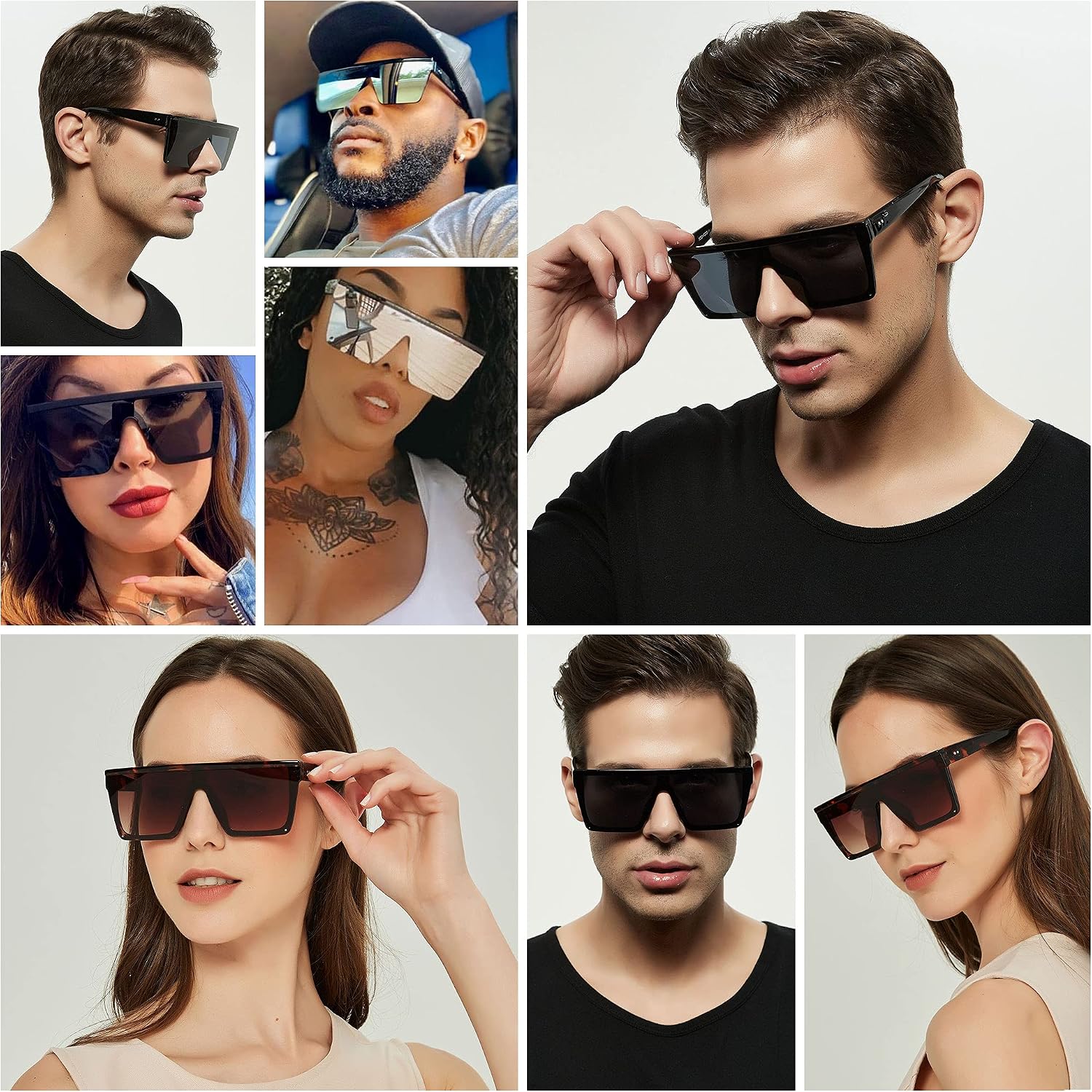 Square Oversized Sunglasses for Women Men Big Flat Top Fashion Shield Large UV Protection Rimless Shades (2packs) Glossy Black + Tortoise