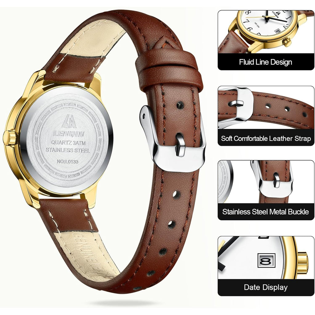 Ln Lenqin Ladies Watches Analog Quartz Watch For Women Waterproof Women'S Wrist Watches Easy Reader Womens Watch With Leather Strap