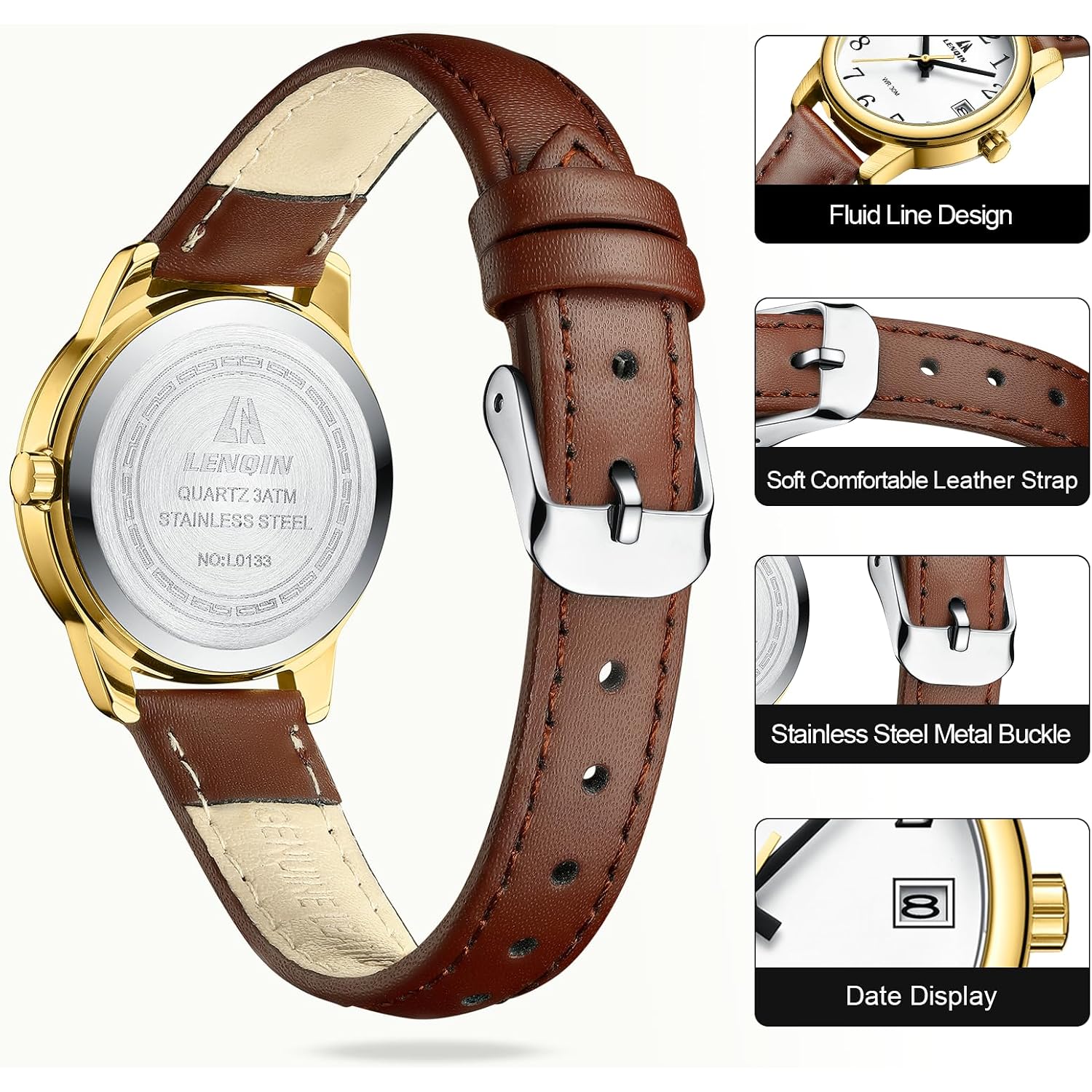 Ln Lenqin Ladies Watches Analog Quartz Watch For Women Waterproof Women'S Wrist Watches Easy Reader Womens Watch With Leather Strap