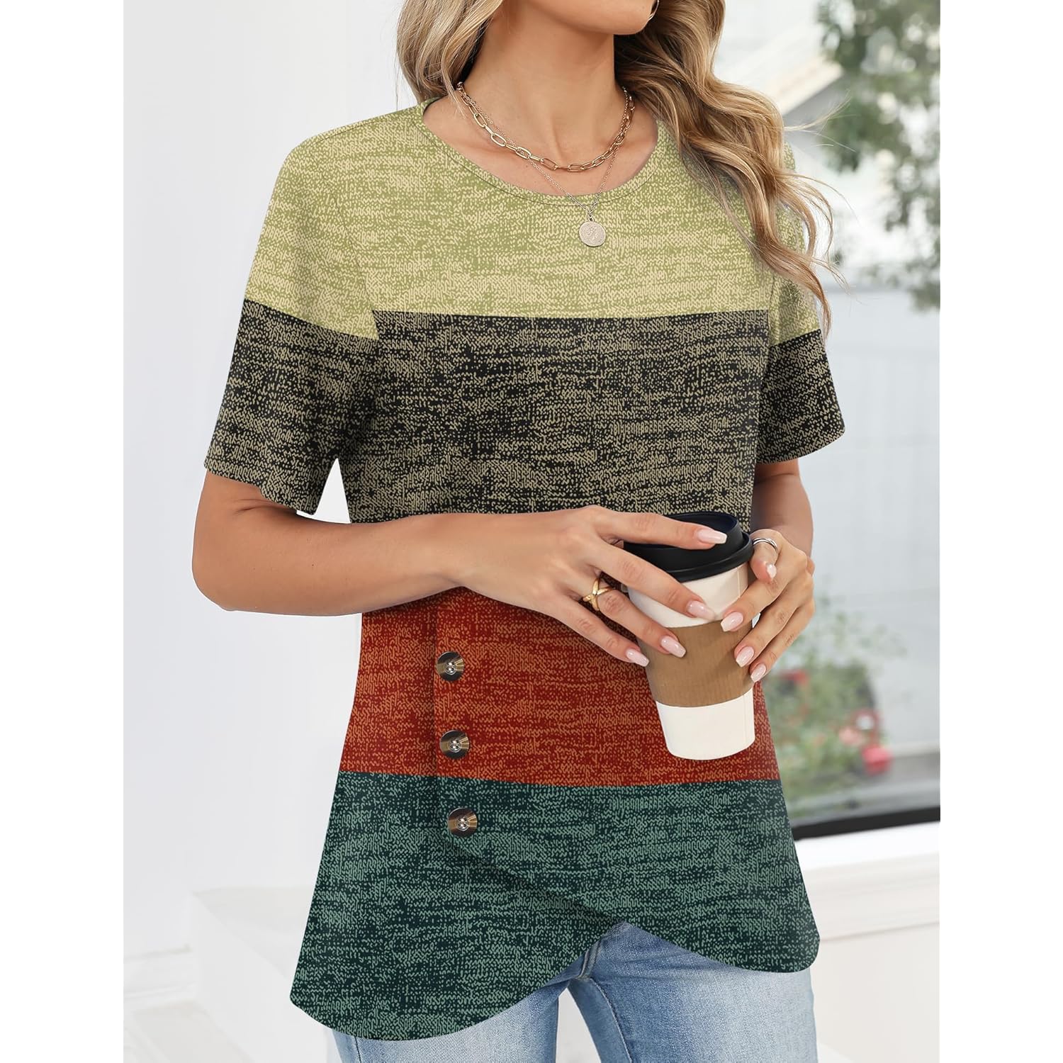 Womens Tops Short Sleeve Shirts Crew Neck Tunic with Buttons Spring Summer Outfits for Women Trendy 2026