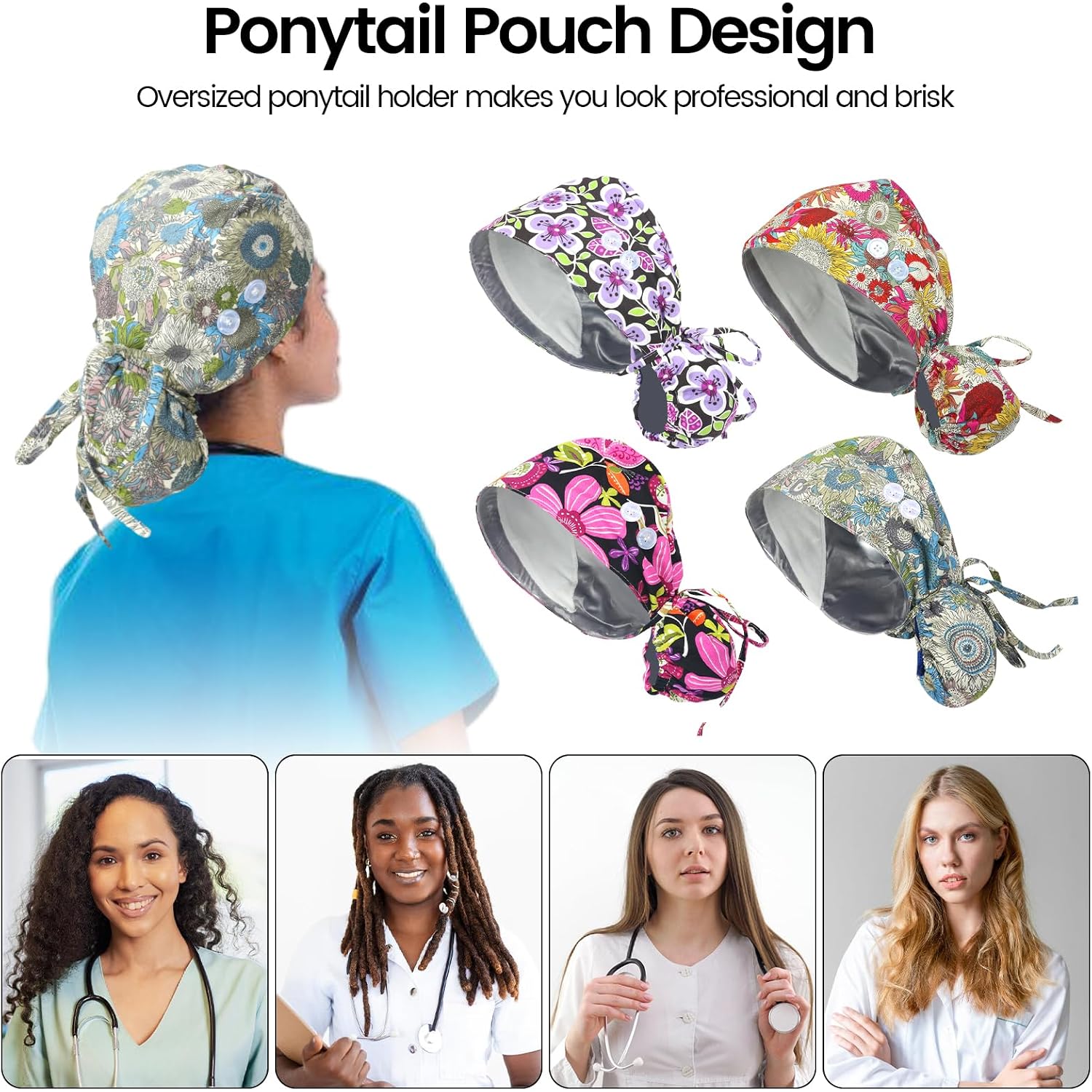 4 Pcs Scrub Caps For Women,Nurse Satin Surgical Hat Adjustable Working Cap Ponytail Holder With Buttons And Sweatband