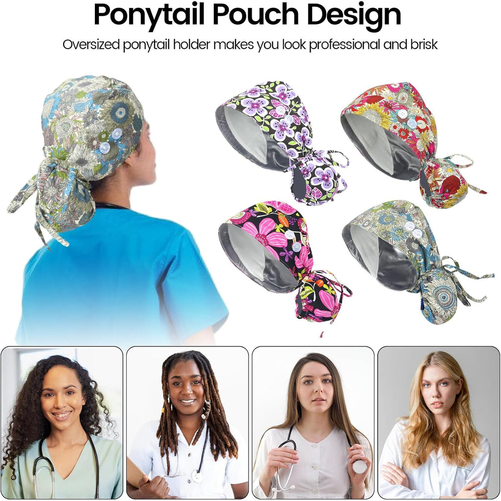 4 Pcs Scrub Caps For Women,Nurse Satin Surgical Hat Adjustable Working Cap Ponytail Holder With Buttons And Sweatband