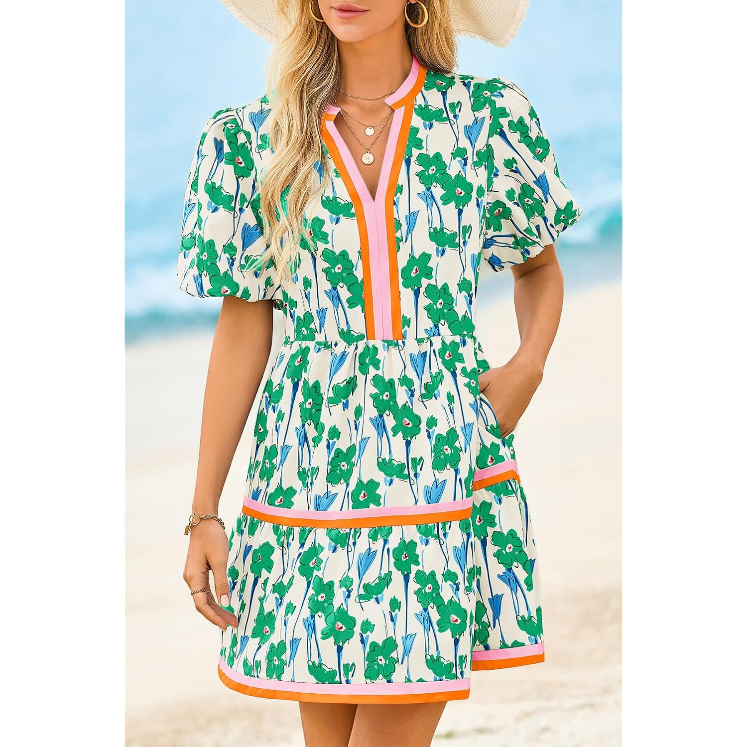 Cicy Bell Womens V Neck Floral Mini Dress Short Puff Sleeve Patchwork Summer Casual Boho Dresses