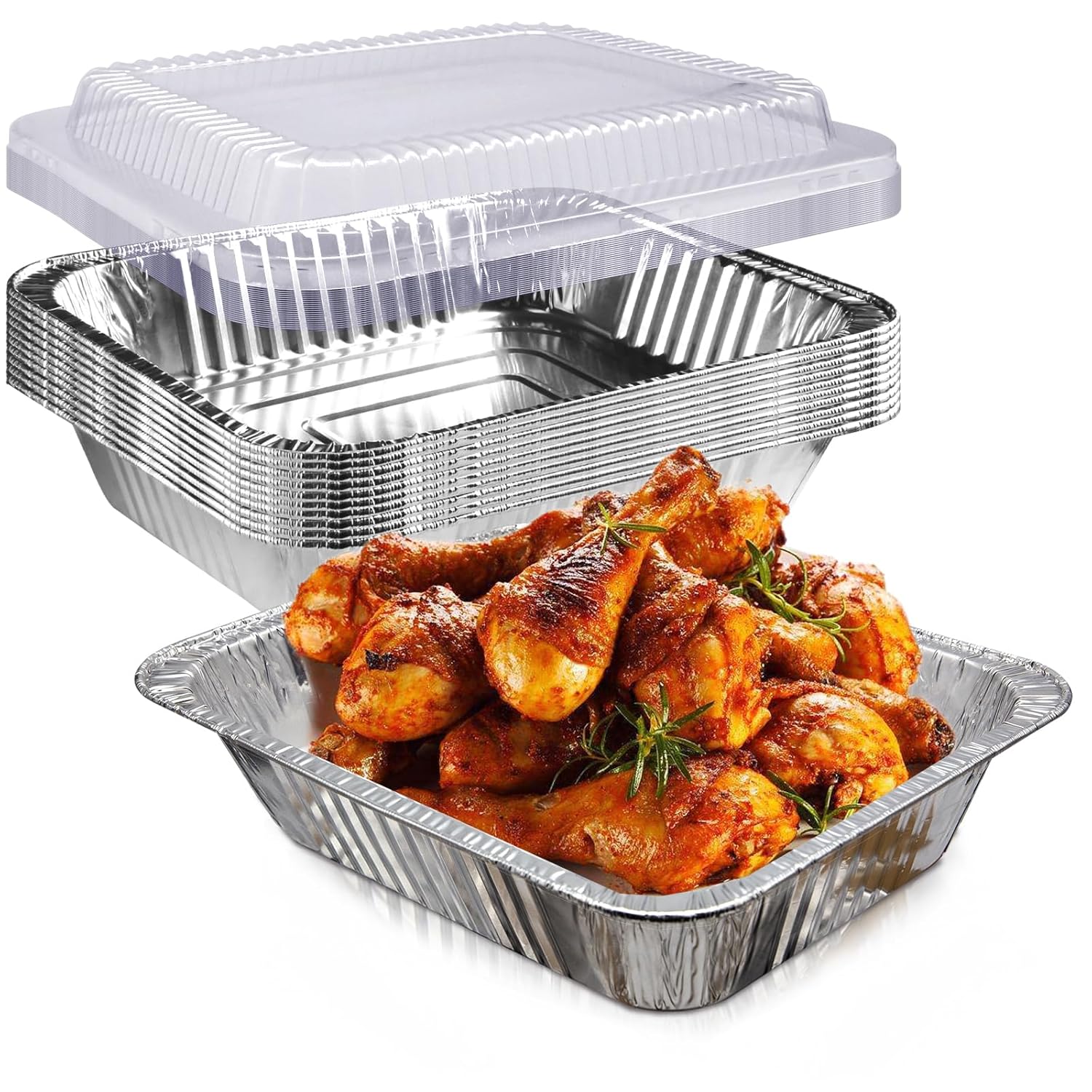 YLT WAX 9x13 Disposable Aluminum Foil Pans with Clear Lids (10 Pack), Durable Half Size Deep Extra Heavy Duty Food Containers for Baking, Cooking, Roasting, Heating or Steam Table