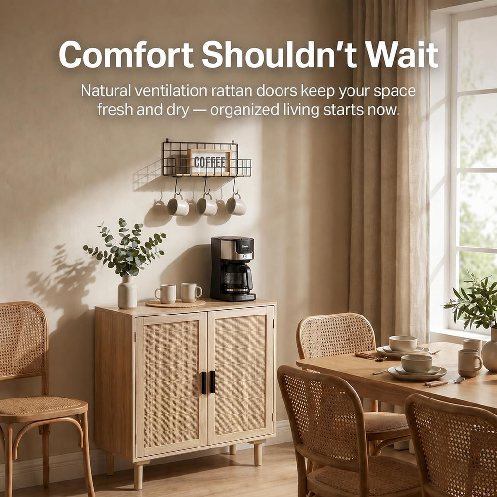 Finnhomy Sideboard Buffet Cabinet, Kitchen Storage Sideboard With Rattan Decorated Doors, Liquor Coffee Buffet, Dining Room, Hallway, Console Table, Accent Cabinet, 31.5X 15.8X 34.6 Inches, Natural