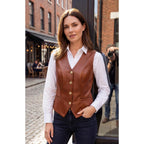 Women'S Leather Vest - Gold Button V-Neck Style Sleeveless Real Leather Waistcoat Women