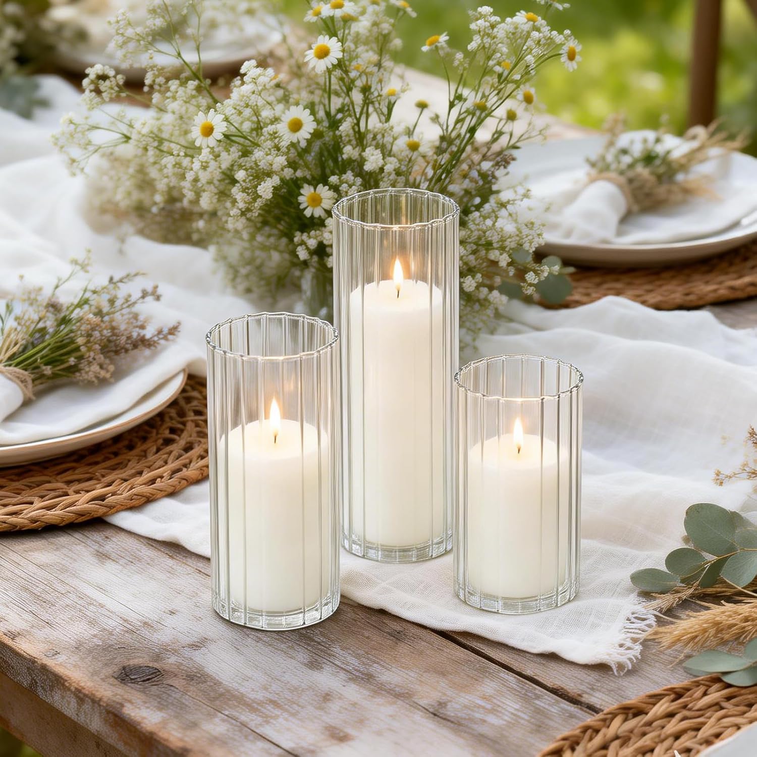 6 PCS White Pillar Candles (2" x3, 4, 6) with Ribbed Glass Cylinder Vases (2.6" x5, 6, 8), Hurricane Glass Candle Holders, Dripless Candles for Wedding Centerpieces, Home & Table Decor