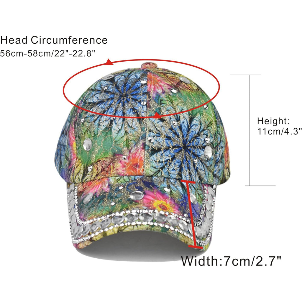 Bling Baseball Caps For Women, Rhinestone Summer Flower Baseball Hat, Adjustable Spring Fall Denim Sequin Jean Hat