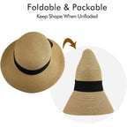 Womens Straw Sun Hat Wide Brim Foldable Panama Roll up Cap Fedora Beach Sun Hat UPF50+ Coffee
