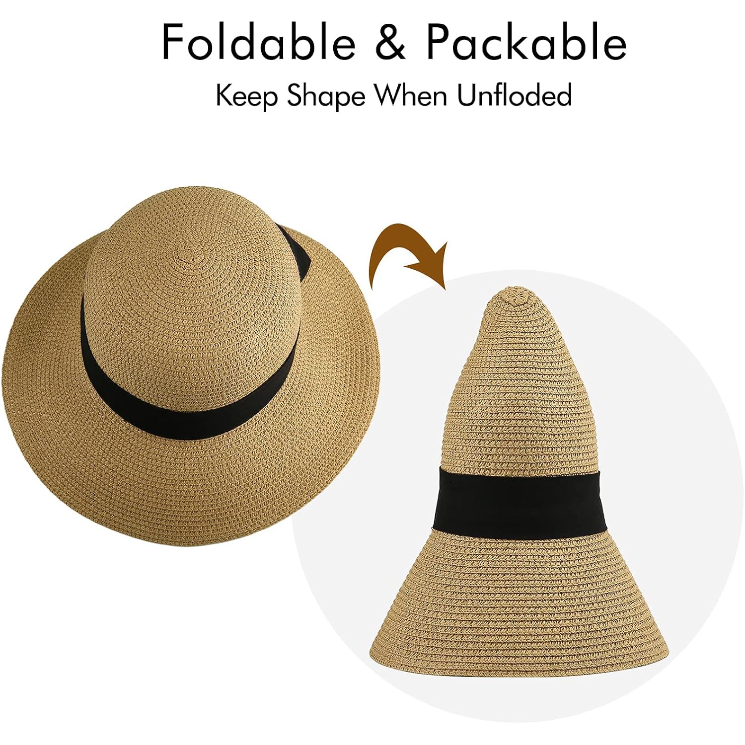 Womens Straw Sun Hat Wide Brim Foldable Panama Roll up Cap Fedora Beach Sun Hat UPF50+ Coffee
